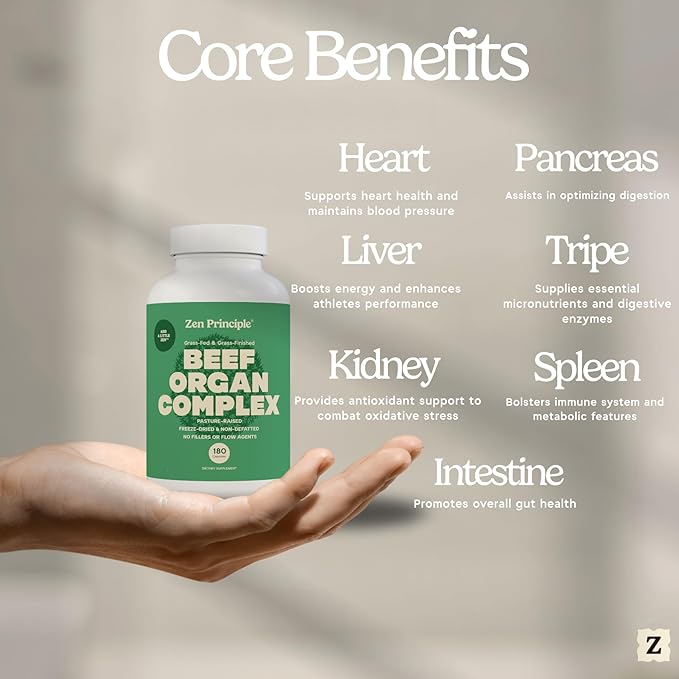 Zen Principle Grass Fed Beef Organs Supplement – Desiccated Liver Heart Kidney Pancreas Spleen Intestine &amp Tripe/Stomach – Grass-Fed &amp Grass-Finished on the Natural Pastures of New Zealan