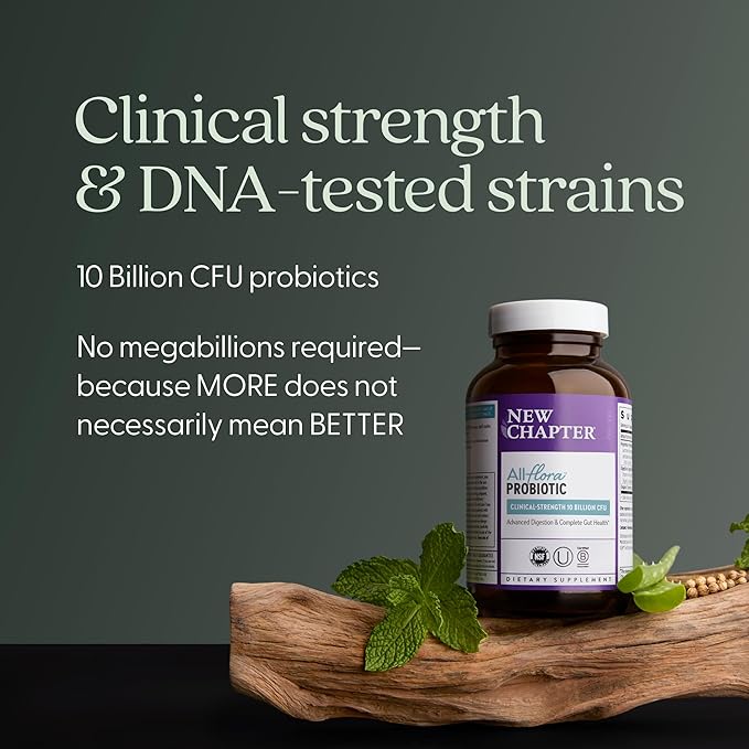 New Chapter All-Flora Probiotic for Advanced Digestion &amp Complete Gut Health with Prebiotics + Postbiotics Clinical-Strength Strains 100% Vegetarian Non-GMO Shelf Stable - 60 ct (2 Month Suppl