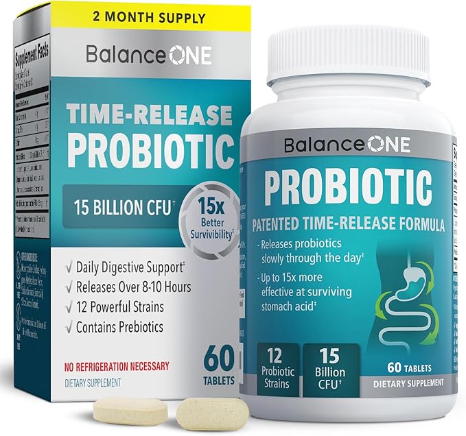 Balance ONE Time Release Probiotic – 15 Billion CFU – 12 Strains Including L. Plantarum – 15x More Survival Than Capsules – Bloating &amp Gas Relief – Gut &amp Digestive Health for Women &amp Men –