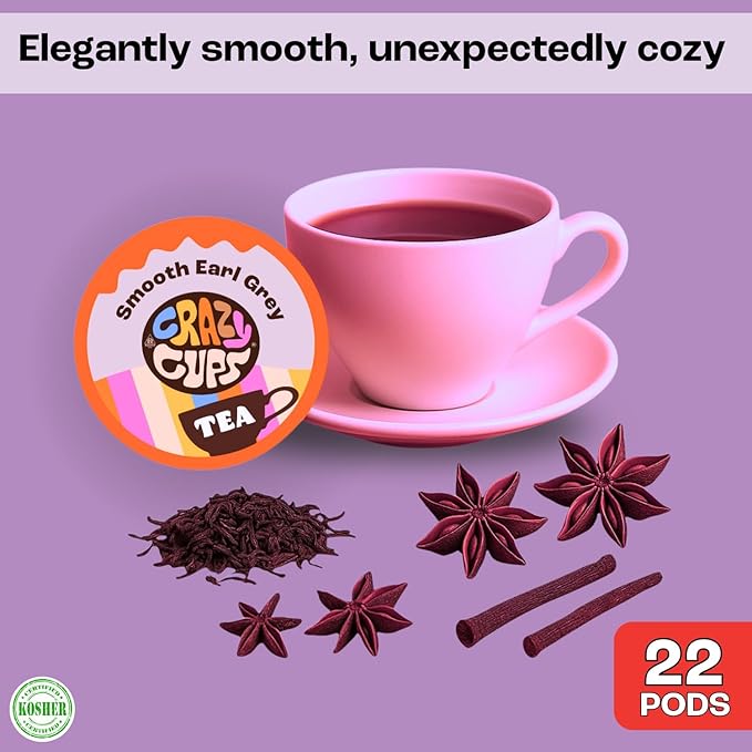 Crazy Cups Smooth Earl Grey Herbal Tea Pods 22 Count | Caffeine Free Kosher Certified Black Tea Blend with Licorice Root &amp Star Anise K Cup Compatible Bold Bergamot Flavor Gluten Free Vegan