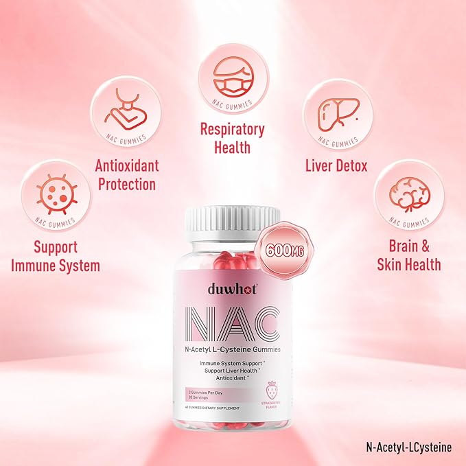 NAC Gummies 600mg N Acetyl Cysteine Supplement NAC Chewable for Antioxidants &amp Immune Support Lung &amp Liver Health Natural Strawberry Flavor 60ct