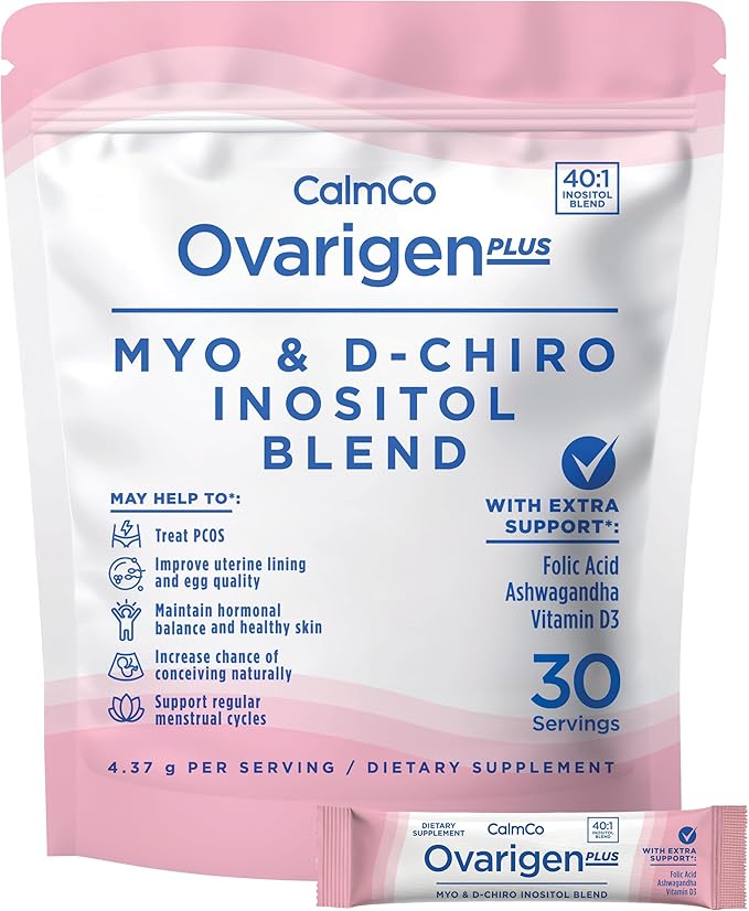 CalmCo Ovarigen Plus Myo-Inositol &amp D-Chiro Inositol Supplement for Women – 40:1 Powder with Folic Acid Ashwagandha &amp Vitamin D3 Fertility Supplements for PCOS Ovarian Support (30 Sachets)