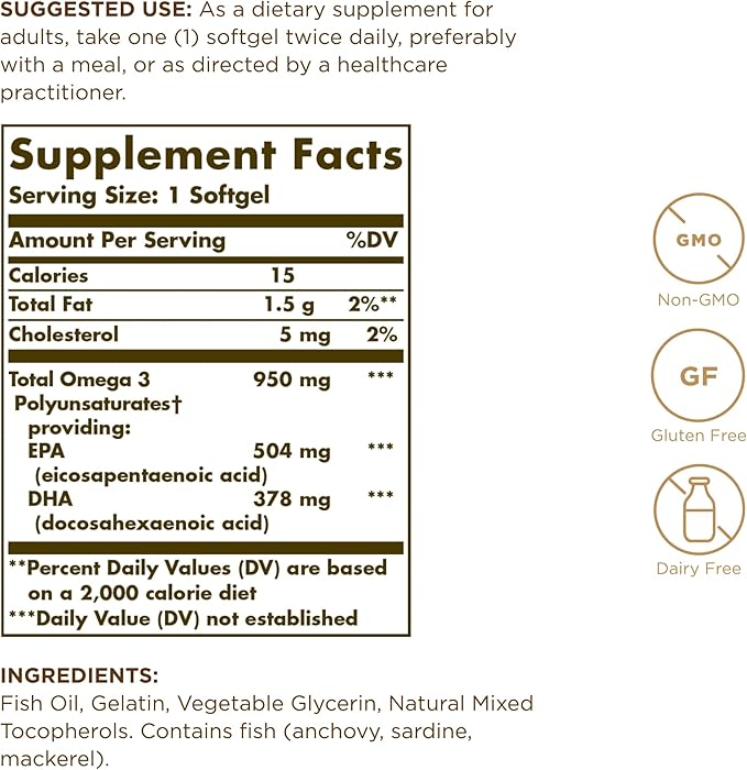 Solgar Triple Strength Omega 3 950 mg - 100 Softgels Pack of 3 - Supports Joint &amp Skin Health - Non-GMO Gluten Free Dairy Free - 300 Total Servings