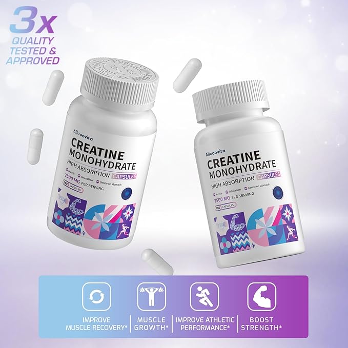 Allcoovita Creatine Monohydrate Capsules -3 Creatine Capsules per Serving 2500mg Gluten Free 180 Capsules