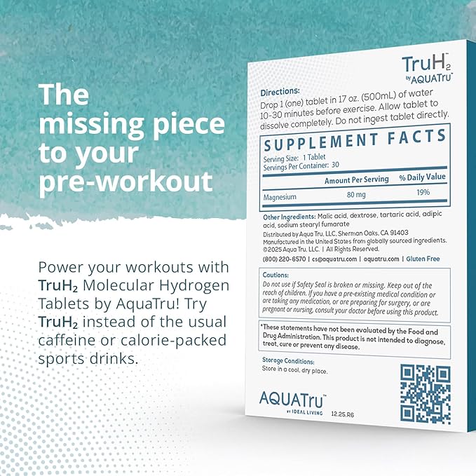 TruH2 by AquaTru Molecular Hydrogen Tablets | with Magnesium | Pre-Workout Supplement | Power Your Workouts with Molecular Hydrogen (H2) | 8 PPM Tablets | Dissolve in Water | 30 Tablets (30 Servings)