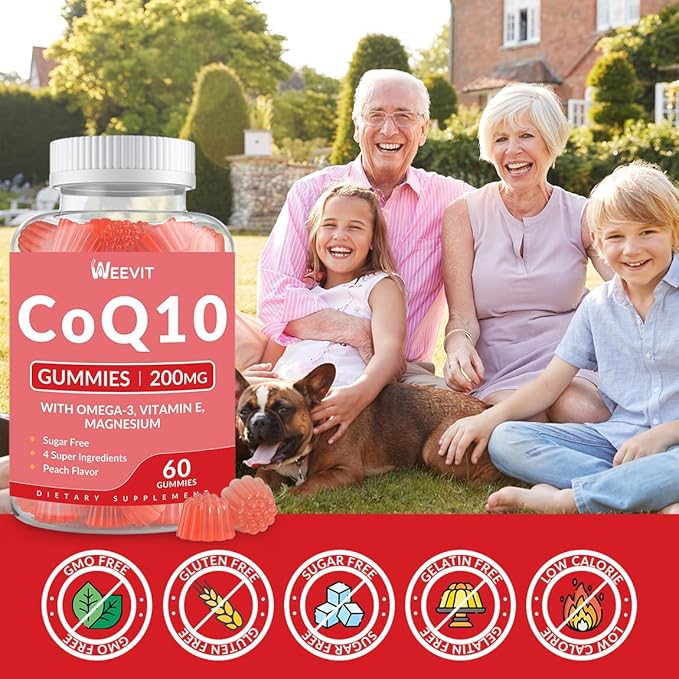 Sugar Free CoQ10 Gummies 200 MG Coenzyme Q10 (Ubiquinone) Gummies for Adults Co Q10 Supplement with Omega-3 Magnesium Energy Brain Support