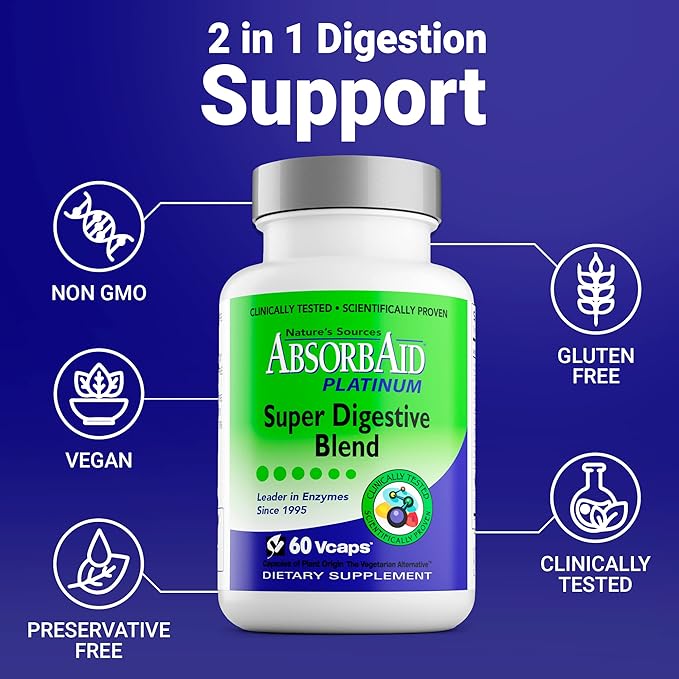 AbsorbAid Platinum Digestive Enzyme Support 60 vCaps 12 Digestive Enzymes PLUS 2 Probiotics for Maximum Relief
