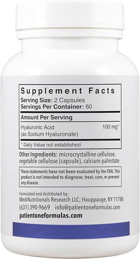 Patient One Hyaluronic Acid 100mg | Supplement to Support Hydrated Youthful Skin and Joint Health* | 120 Capsules