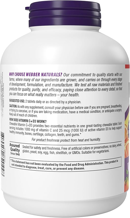 Webber Naturals Vitamin C+D3 200 Chewable Orange Tablets 1000 mg of Vitamin C with 1000 IU of Vitamin D3 Per Serving Bones Teeth Immune and Antioxidant Support Non GMO Dairy &amp Gluten Free