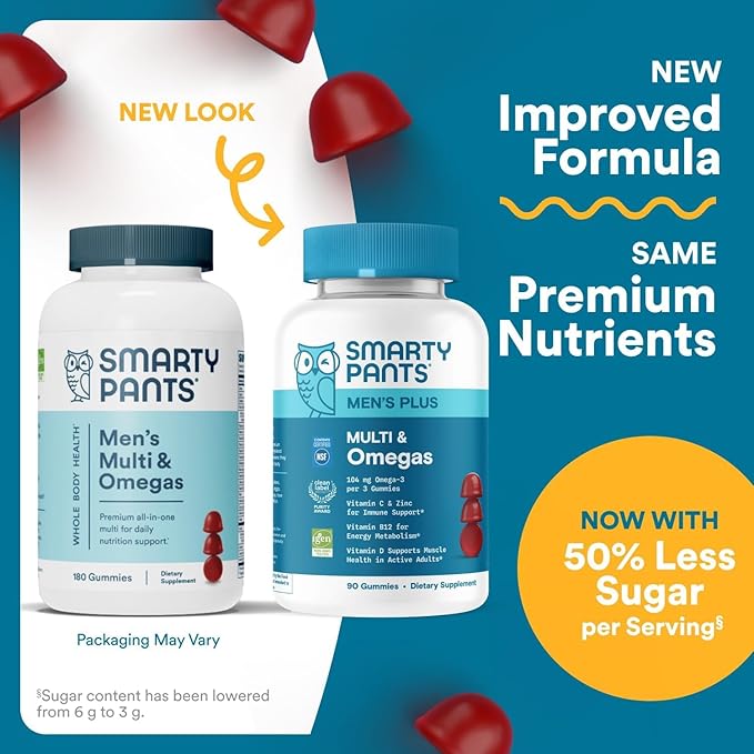 SmartyPants Men's Multivitamin Gummies with Omega 3 DHA/EPA Methylfolate Vitamin D3 C B12 B6 A K Zinc Raspberry Lemonade Flavor 90 Count (30 Day Supply)