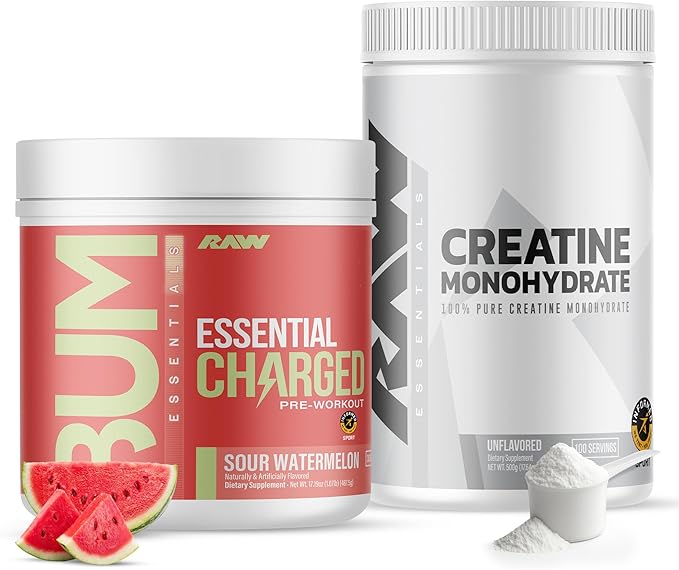 RAW Nutrition Creatine Monohydrate &amp Charged Sour Watermelon Pre-Workout Powder Bundle