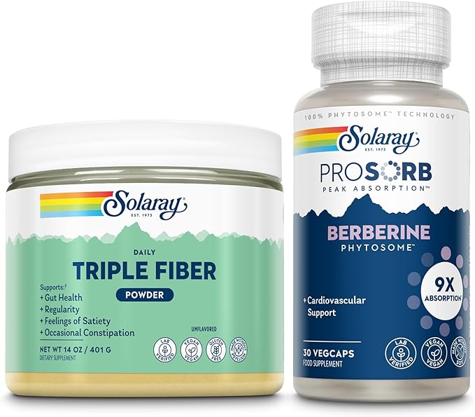 SOLARAY Triple Fiber Powder and ProSorb Berberine Phytosome - Unflavored Daily Fiber Supplement w/Prebiotics Regularity and Gut Health Support - 9X Absorption Berberine Supplement Vegan 30 Serv Ea