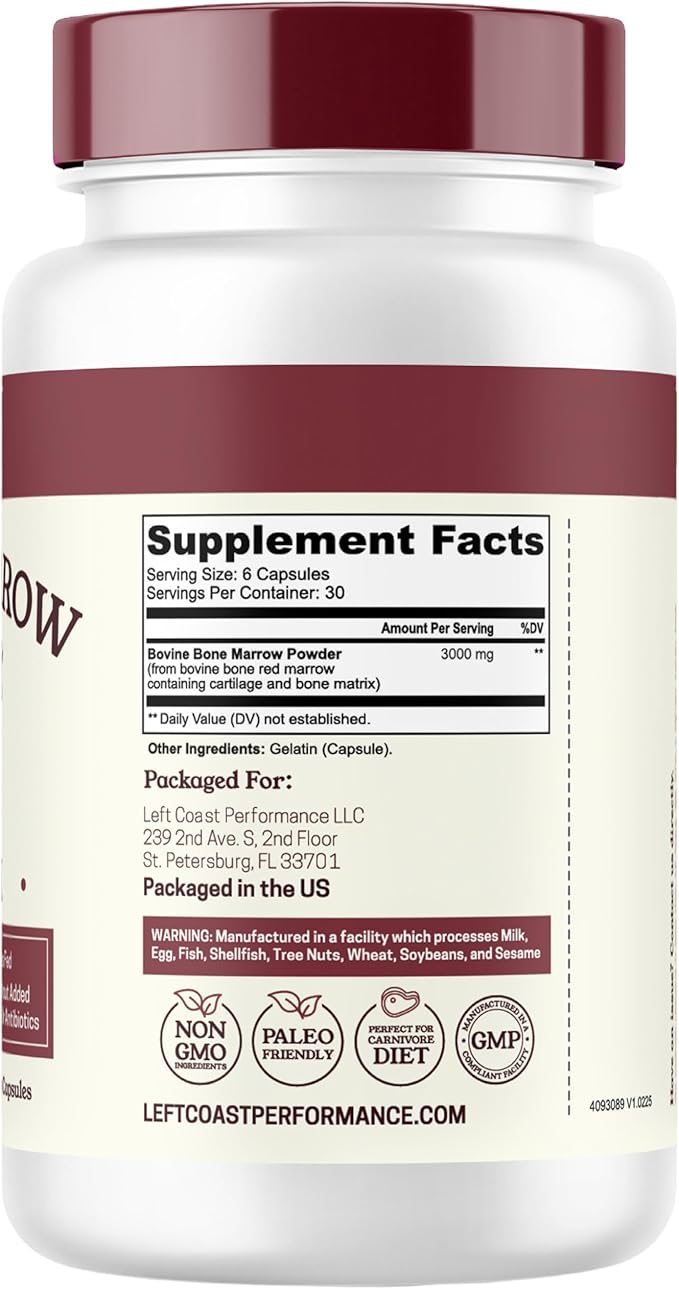 Bovine Bone Marrow Supplement - 100% Grass Fed and Pasture Raised in New Zealand- Freeze Dried 3rd Party Lab Tested Non GMO No Fillers – Supports Collagen Joint Bone &amp Immune Health- 180 Caps