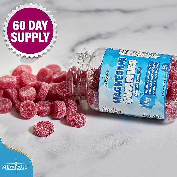 Magnesium Gummies - Calming Anti-Stress Gummies Magnesium Supplement for Adults and Kids Vegan Gelatin-Free Gluten-Free Non-GMO Delicious Natural Raspberry Flavor- 60 Count - by New Age
