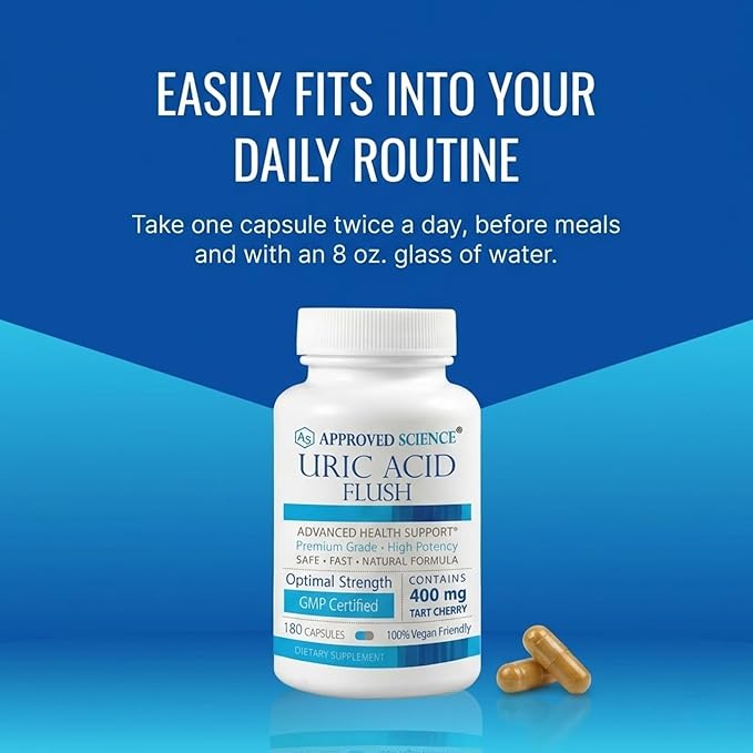 Approved Science Uric Acid Flush Supplement - Tart Cherry Turmeric Milk Thistle - Joint Support &amp Active Mobility - Made in USA - Vegan - 180 Capsules - 3 Month Supply