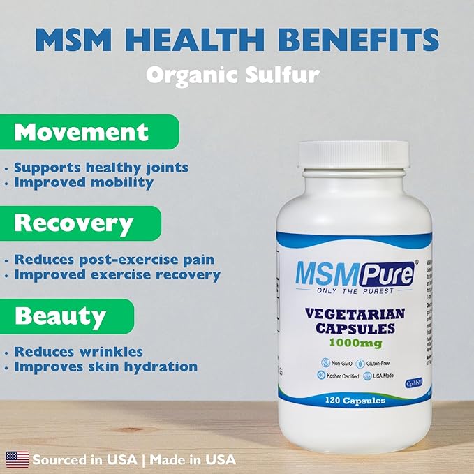 KALA HEALTH MSMPure MSM Vegetarian Capsules – 1000 mg US-Sourced MSM per Capsule for Joint Health Skin Appearance Hair &amp Nail Support – 120 Count Organic Sulfur
