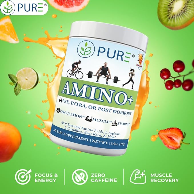 PURE® Amino+ Essential Amino Acids Powder - 30 Servings 500g - Full Spectrum EAA with L-Arginine L-Citrulline &amp Beet Root - Muscle Recovery &amp Hydration Drink - Fruit Punch Flavor Made in US