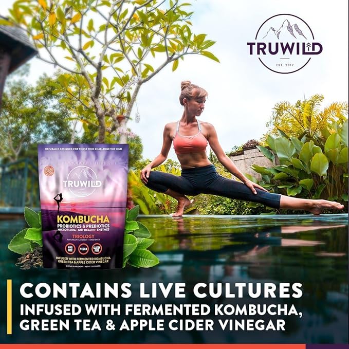 TruWild Natural Kombucha Powder Probiotic Supplement Vegan Drink Mix – Gut Health Digestive Enzymes w/Live Cultures + Apple Cider Vinegar &amp Prebiotics – 20 Servings