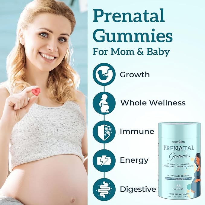 Prenatal Gummies Sugar Free 90 Count - Organics Prenatal Vitamins for Women with Folate DHA &amp Probiotics - Iron Free Prenatal Vitamin Gummies for Immune &amp Digestive - 1 Bottle