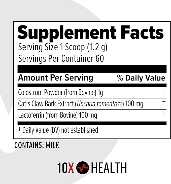10X Health Bovine Colostrum Powder - Organic Colostrum Supplement Powder with Cat’s Claw Extract and Lactoferrin - Easy-Mix Unflavored for Immunity &amp Gut Support - 60 Servings