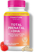 Pink Stork Total Prenatal Vitamins with DHA Folate Iron Choline and Vitamin B12 - Prenatals for Women to Support Fetal Development Pregnancy Essentials Berry Essence 60 Capsules 1 Month Supply