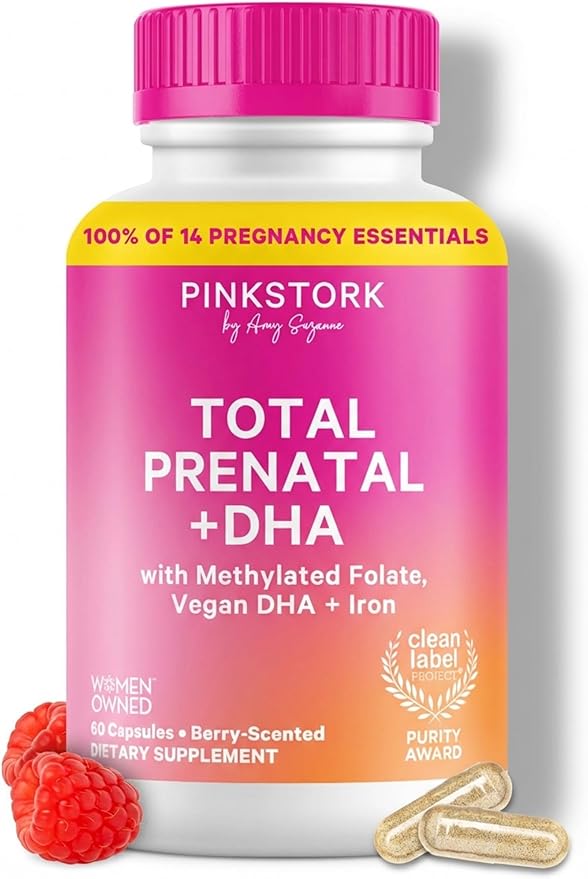 Pink Stork Total Prenatal Vitamins with DHA Folate Iron Choline and Vitamin B12 - Prenatals for Women to Support Fetal Development Pregnancy Essentials Berry Essence 60 Capsules 1 Month Supply