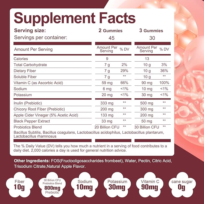 Sugar Free Fiber Supplement 10g Fiber Gummies for Adults Apple Flavor with Probiotics Vitamin C ACV Inulin Support Digestive Health 90 Count (Pack of 2)