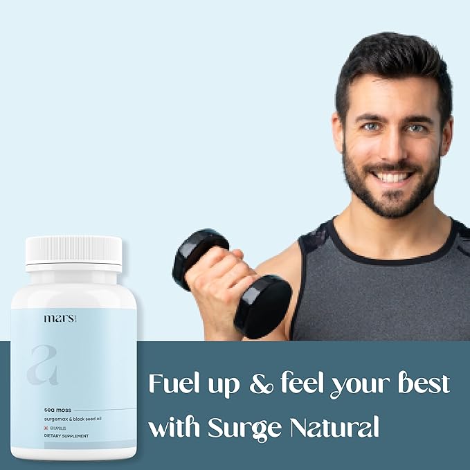Mars Sea Moss Caps Surge Natural (60N) | Packed with 84 Essential Minerals | Powered with Black Seed Oil Surgemax &amp Vitamin D3 | Overall Well-Being - Pack of 1
