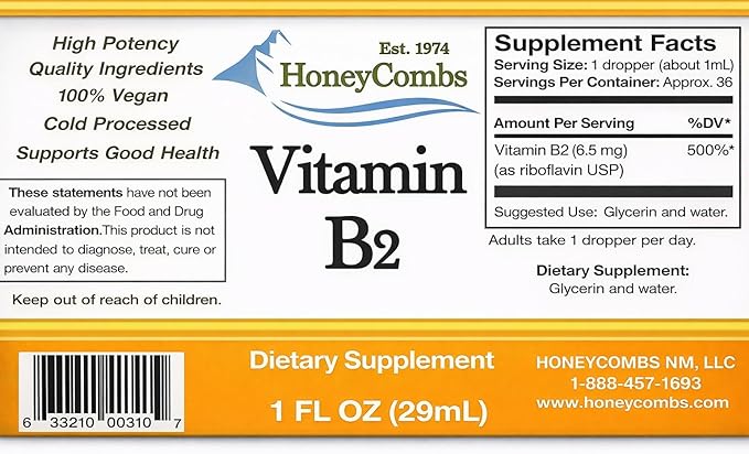HoneyCombs Vitamin B2 Riboflavin Liquid Drops - Made in The USA - Natural High Potency Fast Absorption Vitamin B2 for Men Women &amp Children - Vegan Formula - Bulk Sizes Also Available