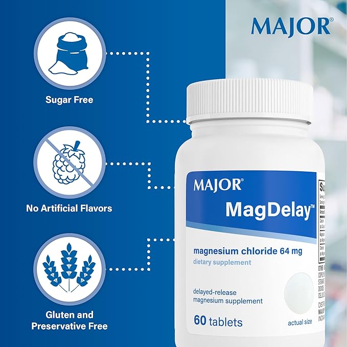 MAJOR MagDelay Magnesium Chloride 64 mg - Delayed-Release Magnesium Supplement - Dietary Supplement - 60 Tablets (3 Pack)