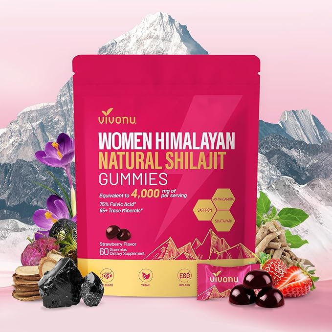 VivoNu Shilajit for Women Contains Tongkat Ali Ashwagandha* Ginger Saffron for hormonal* Balance &amp Energy | Tasty Shilajit Strawberry Flavor with Pure Himalayans Shilajitn* (Women 4000mg / 1 B
