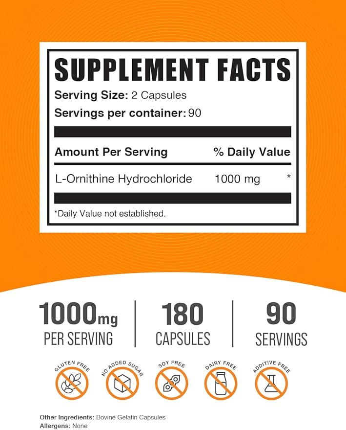 BulkSupplements.com L-Ornithine HCl Capsules - L-Ornithine Hydrochloride L-Ornithine 1000mg - Amino Acids Supplement Gluten Free 2 Capsules per Serving 180 Count (Pack of 2)