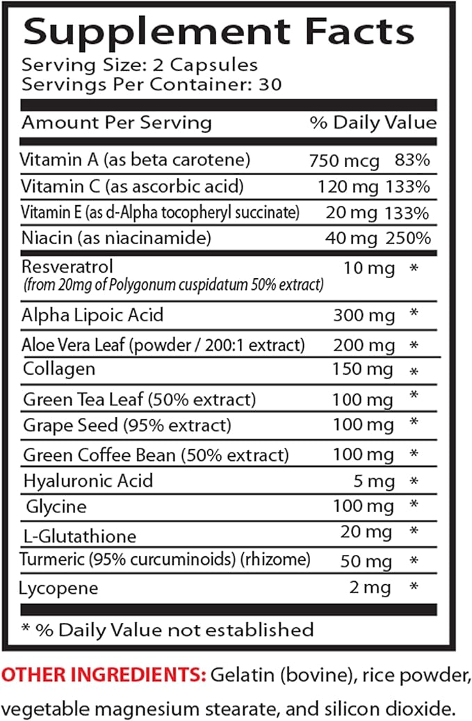 Resveratrol 250 - Anti-Wrinkle Pills - Anti aging skin care for women collagen anti wrinkle pills aloe vera juice for skin aloe vera capsules organic hauloronic acid vitamins 1 Bot 60 Capsules