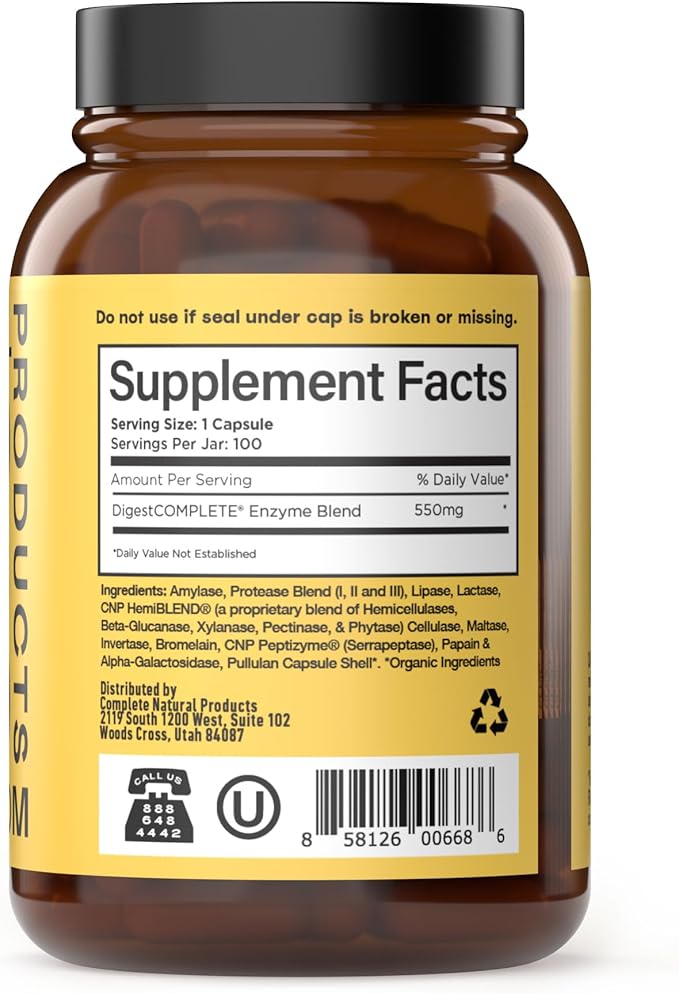 Complete Natural Products Digestive Enzyme Capsules 550mg 100ct | Plant-Based Formula Organic Capsule Shell Supports Digestive Balance &amp Nutrient Absorption