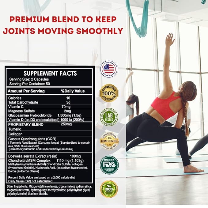 Glucosamine Chondroitin with Turmeric MSM &amp Boswellia Joint Support Supplement 2 Pack 200 Capsules