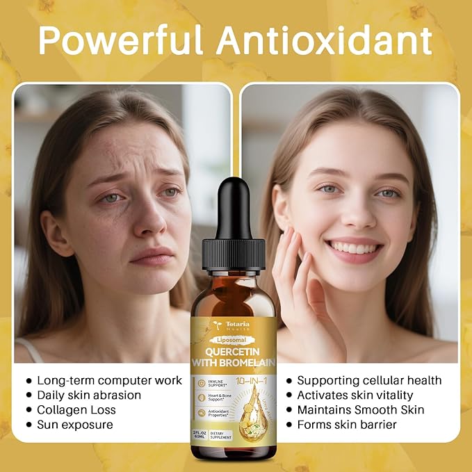 Totaria Liposomal Quercetin with Bromelain Liquid Drops - High Absorption Quercetin 1000mg &amp Bromelain 500mg Plus ElderberryVitamin CZinc for Immune &amp Antioxidant &amp Heart &amp Bone Supp