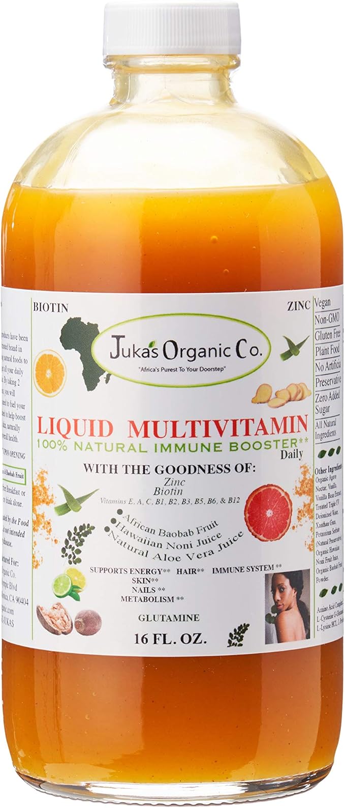 Liquid Multivitamin by Juka's Organic Co. For SKIN | HAIR | NAILS with Zinc | Biotin |Baobab | Vitamin A-E |Traced Minerals Amino Acid | Boost Immune Energy &amp Digestive System In Glass Bottles 1