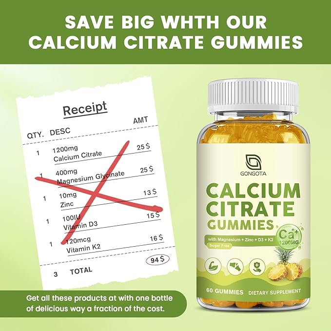 Calcium Citrate Gummies for Women 1200mg Calcium Citrate Magnesium with Vitamin C D3 K2 Absorption Calcium Supplements for Bone Muscle Immune Sugar Free (120Count)