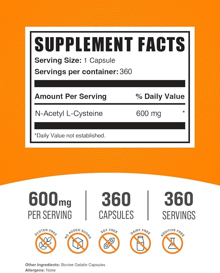 BulkSupplements.com N-Acetyl L-Cysteine Capsules - N-Acetyl Cysteine 600mg NAC Supplement - 600mg per Capsule Gluten Free - 1 NAC Capsule per Serving 360 Capsules (Pack of 1)