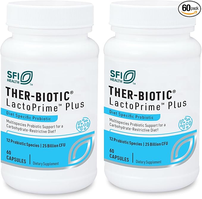 Klaire Labs SFI Health Lactoprime Plus Probiotic - 25 Billion High CFU for Carb-Sensitive Men &amp Women 7 Lactobacillus and 5 Bifidobacterium Blend FODMAP Compliant &amp Dairy-Free (60 Capsules