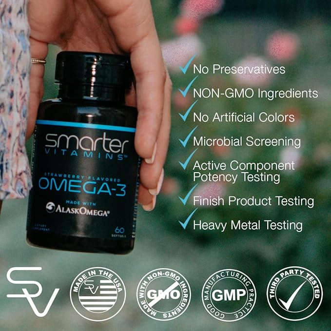 (5 Pack) Smarter Omega 3 Fish Oil Berry Flavor Burpless Tasteless 2000mg Potent Triple Strength DHA EPA Brain Omega-3 Made with AlaskOmega®