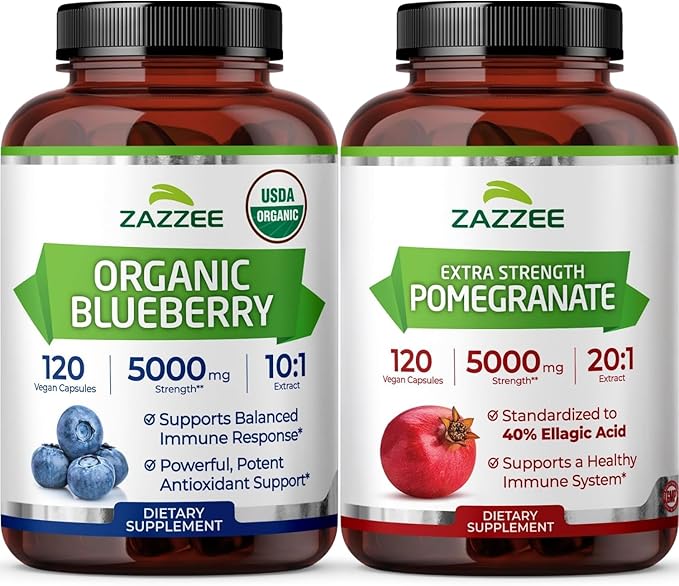 Zazzee Polyphenol Anti Aging Bundle | Antioxidant Rich 10:1 Blueberry Extract and Super Concentrated Pomegranate Extract Capsules | Non-GMO Vegan &amp ISO Lab Tested (120 Servings Each)