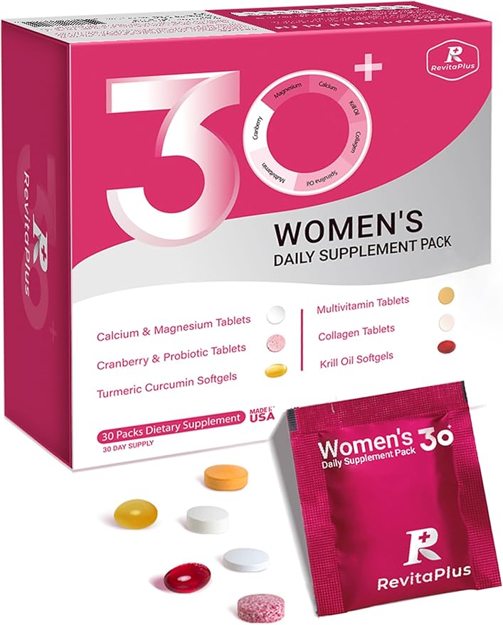 RevitaPlus Multivitamin for Women with Vitamin ABCD3EK2Biotin CollagenKrill OilCranberries Supports EnergyWellnessBeauty and Immune - Vitamin Packs for Women Health 30 Packs