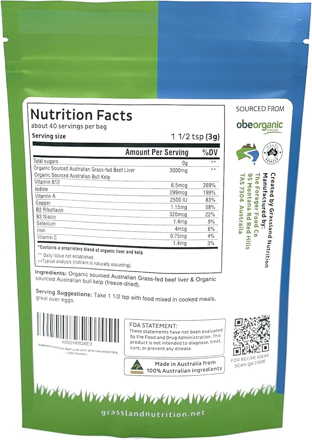 Grass Fed Beef Liver with Wild Harvested Kelp Energy Formula — Natural B12 Iodine Iron &amp Vitamin A (120G Powder)