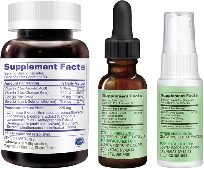 LOVITA Daily Wellness Bundle - 3 Propolis Drops 1 Throat Spray &amp 2 Immune 8-in-1 Capsules Zinc Vitamin C &amp Propolis Extract (6 Pc Set)