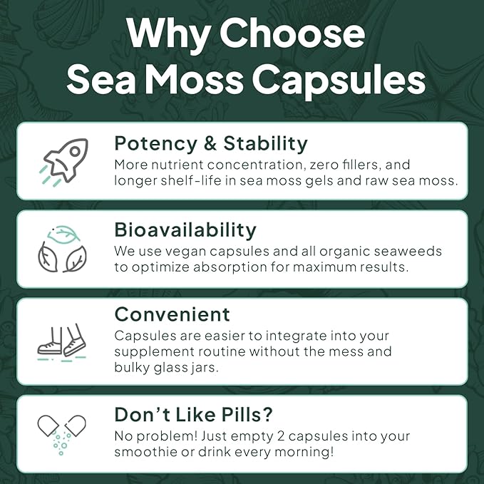 Organics Ocean Wild Sea Moss Capsules - 100% Organic Irish Sea Moss with Organic Chlorella Bladderwrack and Vitamin D for Energy Lung Health and Thyroid Support for Women and Men - 60 Capsules