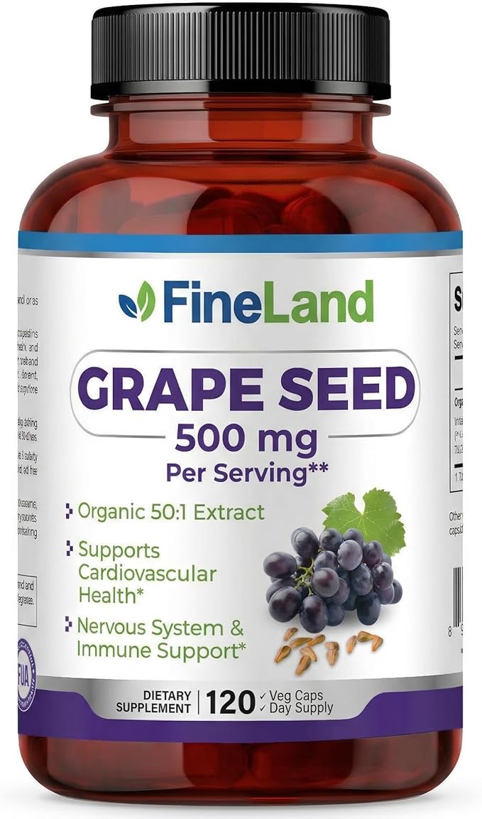 FineLand Organic Grape Seed Extract Rich in Antioxidants - Heart Immune &amp Circulation Support – 120 Vegan Capsules Non-GMO - Made in USA