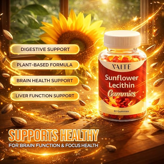 Sunflower Lecithin Extract Gummies 800mg - Vegan Non-GMO Soy-Free &amp Gluten-Free - Cognitive Health &amp Daily Nutrition - Easy-to-Digest Plant-Based Wellness Chews for Adults - 60 Chewables