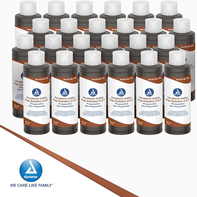 Dynarex Povidone-Iodine Prep Solution Antiseptic Solution for Skin and Mucosa Ideal for Surgical Site Preparation Contains Povidone Iodine 10%1 Case of 24 8 fl. oz. Bottles (Packaging May Vary)