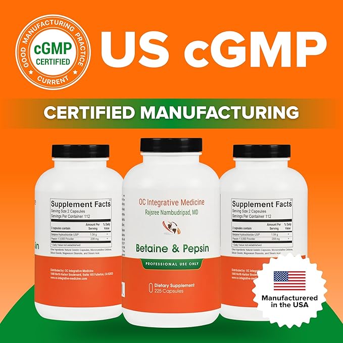 OC Integrative Medicine Betaine &amp Pepsin by Dr. Rajsree MD | Supports Protein Digestion Nutrient Absorption &amp Digestive Comfort | Betaine HCl + Pepsin Formula | 225 Capsules